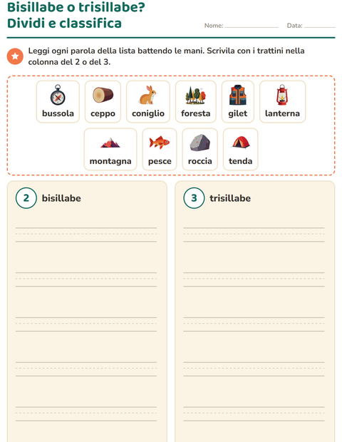 Anteprima della scheda di Divisione in sillabe con Campeggio per Scuola primaria classe prima