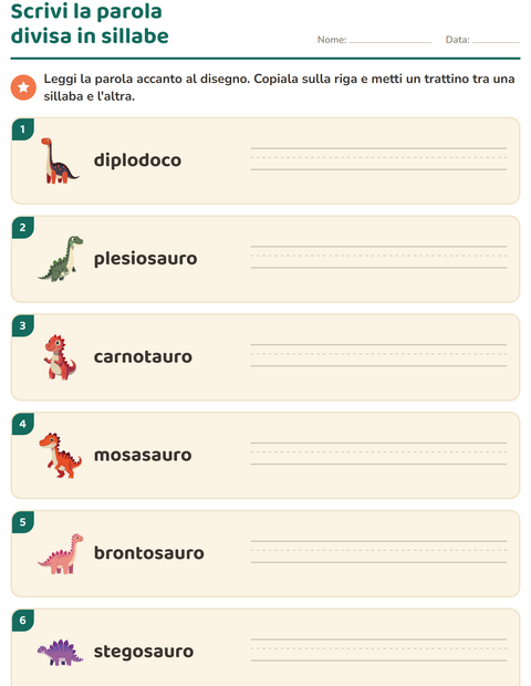 Anteprima della scheda di Divisione in sillabe con Dinosauri per Scuola primaria classe prima