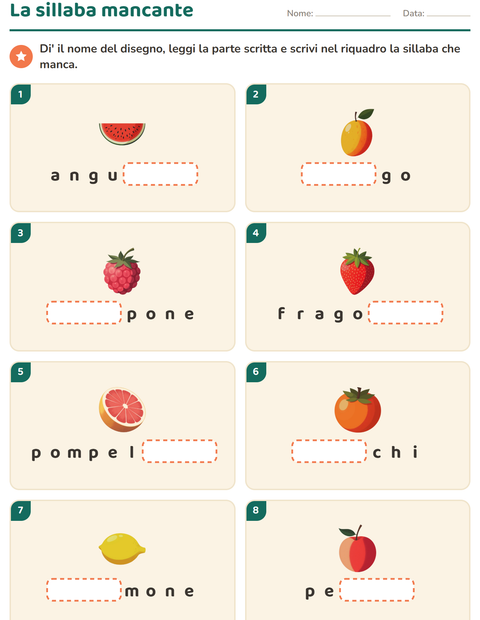 Anteprima della scheda di Divisione in sillabe con Frutta per Scuola primaria classe prima