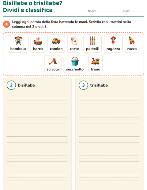 Anteprima della scheda di Divisione in sillabe con Giocattoli per Scuola primaria classe prima