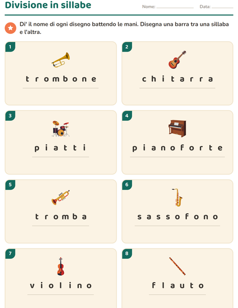 Anteprima della scheda di Divisione in sillabe con Musica per Scuola primaria classe prima