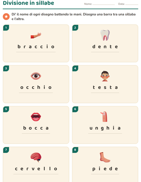 Anteprima della scheda di Divisione in sillabe con Parti del corpo per Scuola primaria classe prima