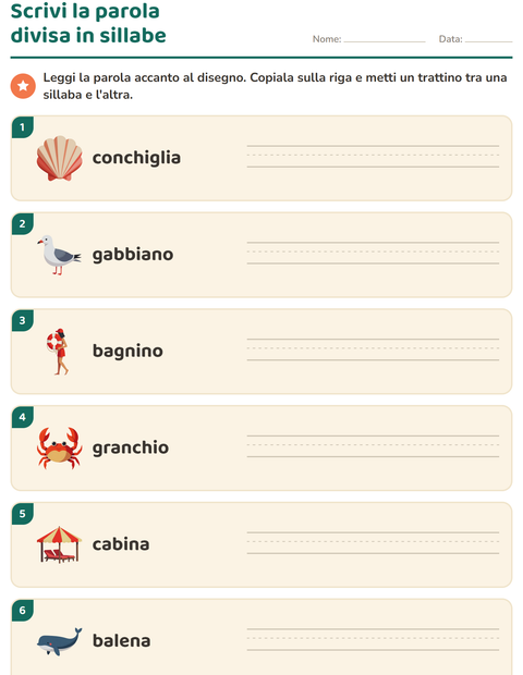 Anteprima della scheda di Divisione in sillabe con Spiaggia per Scuola primaria classe prima