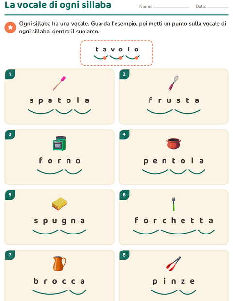 Anteprima della scheda di Divisione in sillabe con Utensili da cucina per Scuola primaria classe prima