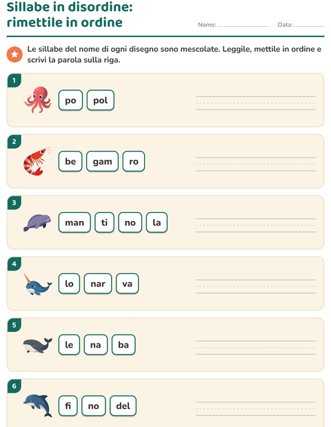 Anteprima della scheda di Divisione in sillabe con Vita oceanica per Scuola primaria classe prima