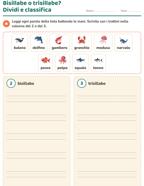 Anteprima della scheda di Divisione in sillabe con Vita oceanica per Scuola primaria classe prima
