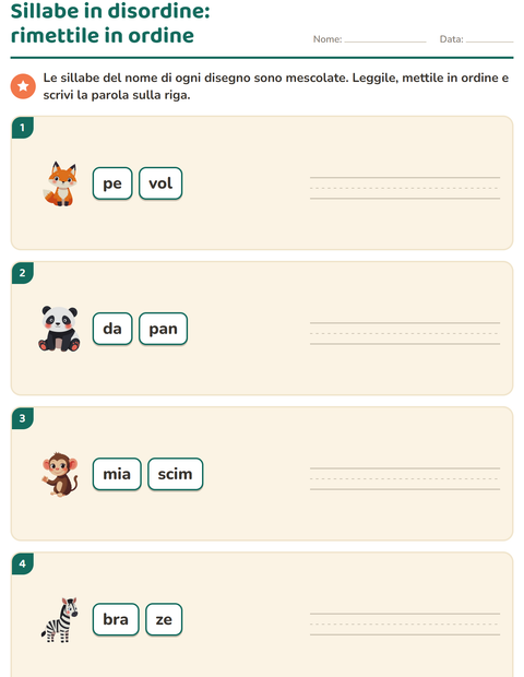 Anteprima della scheda di Divisione in sillabe con Animali dello zoo per Scuola primaria classe prima