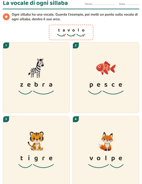 Anteprima della scheda di Divisione in sillabe con Animali per Scuola primaria classe prima