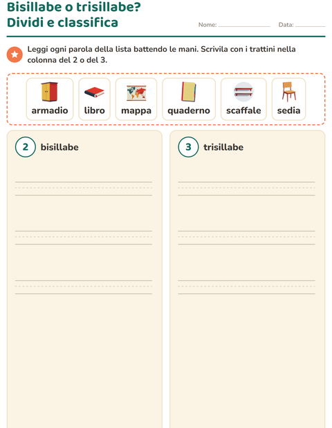 Anteprima della scheda di Divisione in sillabe con Aula per Scuola primaria classe prima