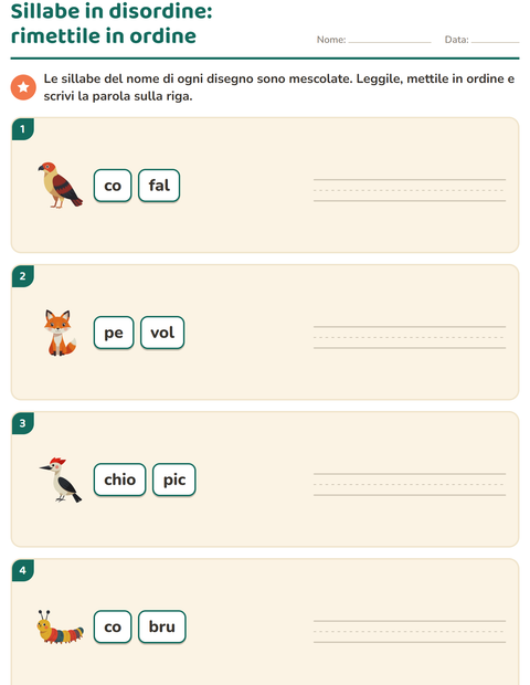 Anteprima della scheda di Divisione in sillabe con Creature della foresta per Scuola primaria classe prima
