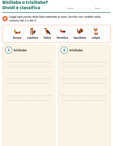 Anteprima della scheda di Divisione in sillabe con Creature della foresta per Scuola primaria classe prima