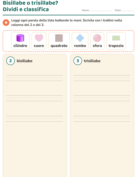 Anteprima della scheda di Divisione in sillabe con Forme per Scuola primaria classe prima