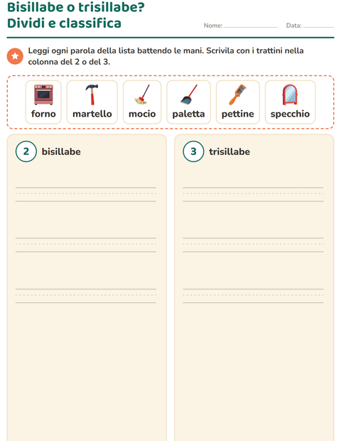 Anteprima della scheda di Divisione in sillabe con In giro per casa per Scuola primaria classe prima