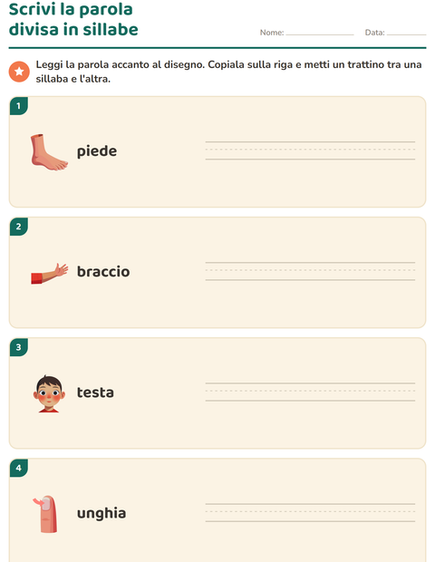 Anteprima della scheda di Divisione in sillabe con Parti del corpo per Scuola primaria classe prima