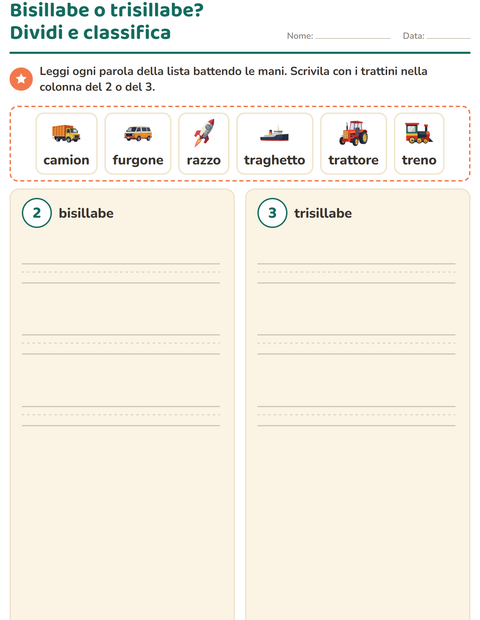 Anteprima della scheda di Divisione in sillabe con Veicoli per Scuola primaria classe prima