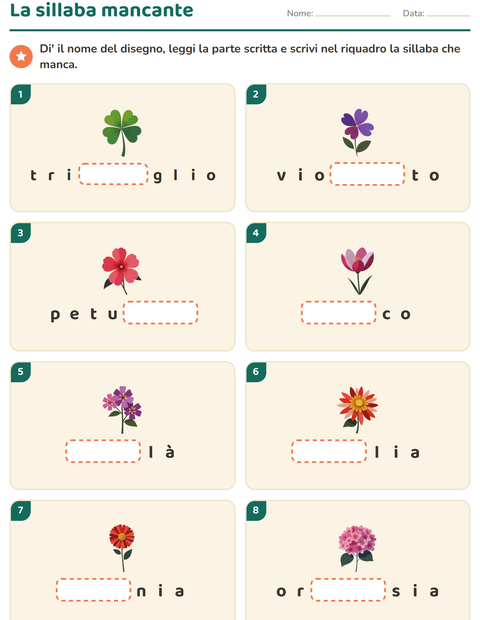 Anteprima della scheda di Divisione in sillabe con Fiori per Scuola primaria classe prima