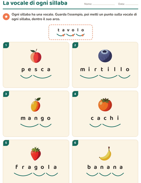 Anteprima della scheda di Divisione in sillabe con Frutta per Scuola primaria classe prima