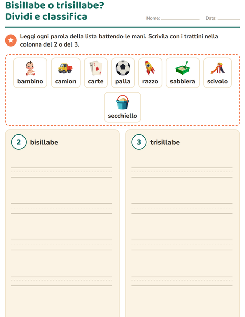 Anteprima della scheda di Divisione in sillabe con Giocattoli per Scuola primaria classe prima