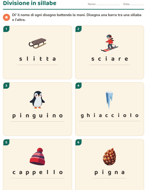 Anteprima della scheda di Divisione in sillabe con Inverno per Scuola primaria classe prima
