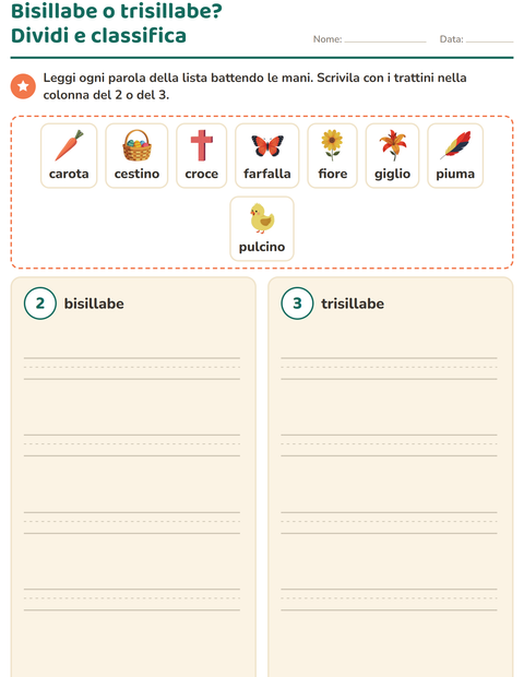 Anteprima della scheda di Divisione in sillabe con Pasqua per Scuola primaria classe prima