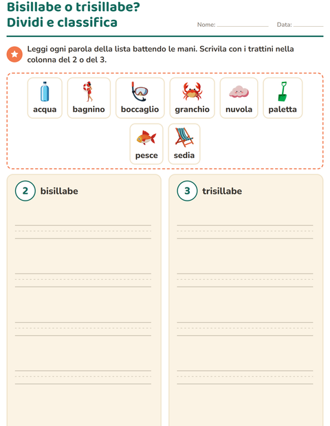 Anteprima della scheda di Divisione in sillabe con Spiaggia per Scuola primaria classe prima
