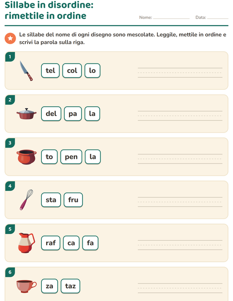 Anteprima della scheda di Divisione in sillabe con Utensili da cucina per Scuola primaria classe prima