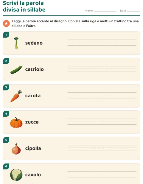 Anteprima della scheda di Divisione in sillabe con Verdure per Scuola primaria classe prima