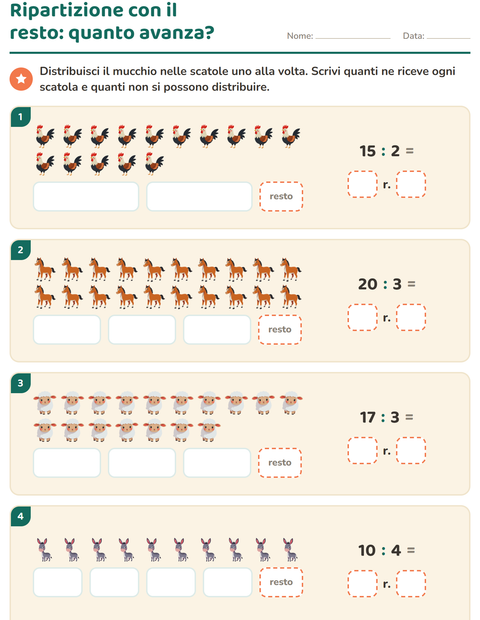 Anteprima della scheda di Divisioni con il resto con Animali della fattoria per Scuola primaria classe terza