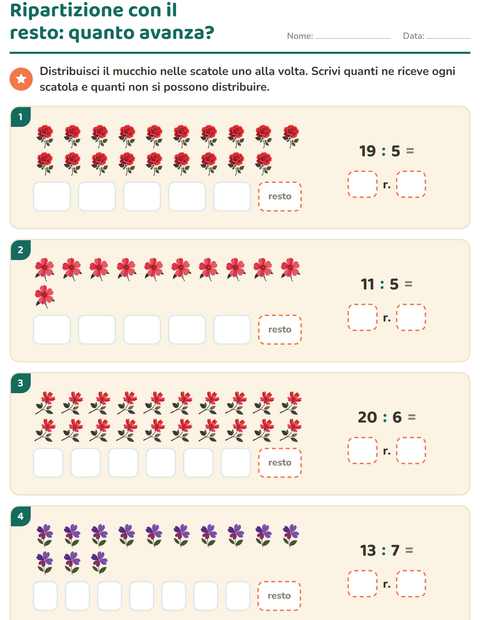 Anteprima della scheda di Divisioni con il resto con Fiori per Scuola primaria classe terza