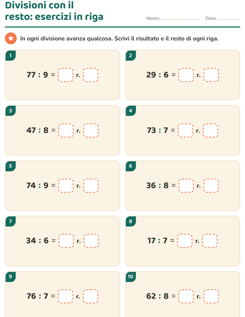 Anteprima della scheda di Divisioni con il resto per Scuola primaria classe terza