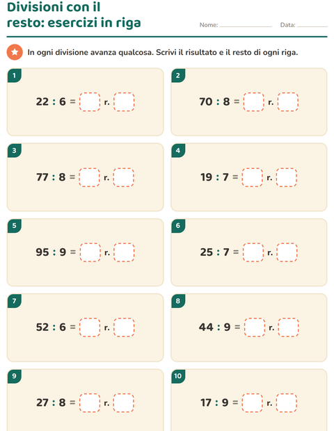 Anteprima della scheda di Divisioni con il resto per Scuola primaria classe terza