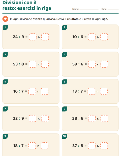 Anteprima della scheda di Divisioni con il resto per Scuola primaria classe terza