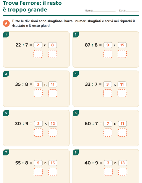 Anteprima della scheda di Divisioni con il resto per Scuola primaria classe terza