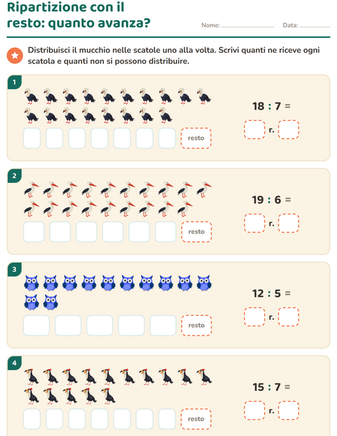 Anteprima della scheda di Divisioni con il resto con Uccelli per Scuola primaria classe terza