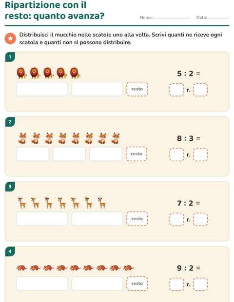 Anteprima della scheda di Divisioni con il resto con Animali dello zoo per Scuola primaria classe terza