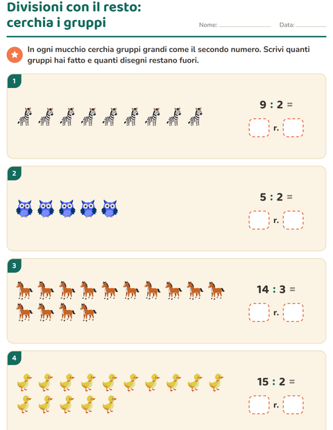 Anteprima della scheda di Divisioni con il resto con Animali per Scuola primaria classe terza