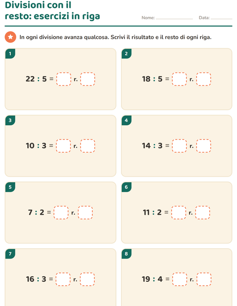 Anteprima della scheda di Divisioni con il resto per Scuola primaria classe terza