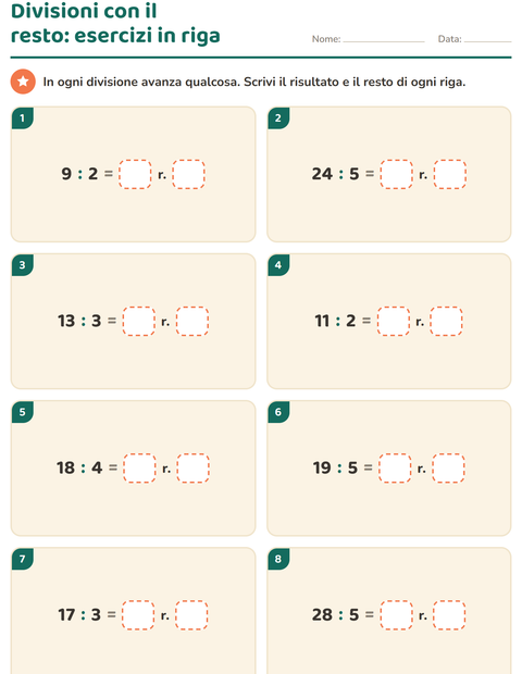 Anteprima della scheda di Divisioni con il resto per Scuola primaria classe terza