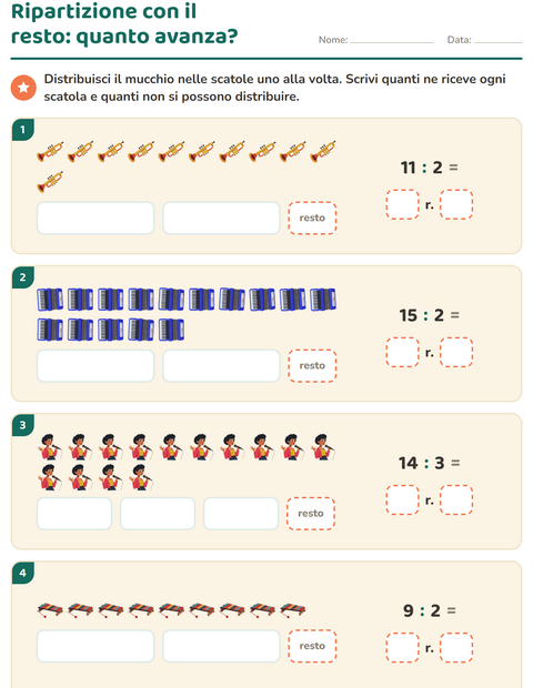 Anteprima della scheda di Divisioni con il resto con Musica per Scuola primaria classe terza