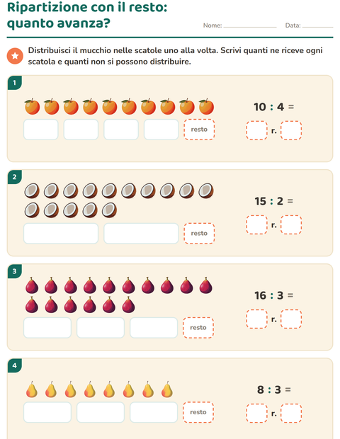 Anteprima della scheda di Divisioni con il resto con Frutta per Scuola primaria classe terza