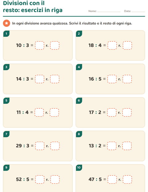 Anteprima della scheda di Divisioni con il resto per Scuola primaria classe terza