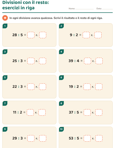 Anteprima della scheda di Divisioni con il resto per Scuola primaria classe terza