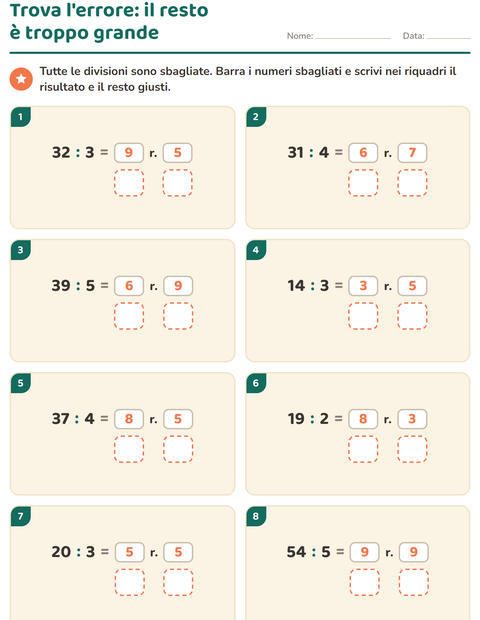 Anteprima della scheda di Divisioni con il resto per Scuola primaria classe terza