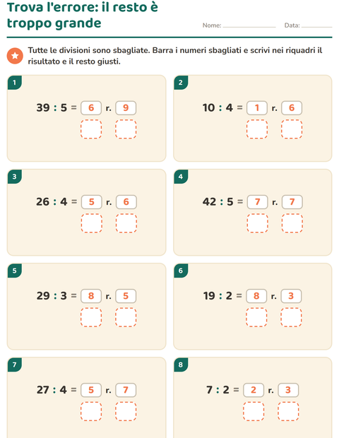 Anteprima della scheda di Divisioni con il resto per Scuola primaria classe terza