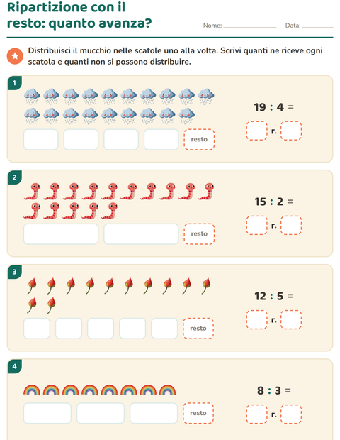 Anteprima della scheda di Divisioni con il resto con Primavera per Scuola primaria classe terza