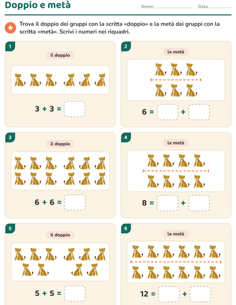 Anteprima della scheda di Doppio e metà con Animali dello zoo per Scuola primaria classe prima