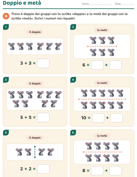 Anteprima della scheda di Doppio e metà con Animali per Scuola primaria classe prima