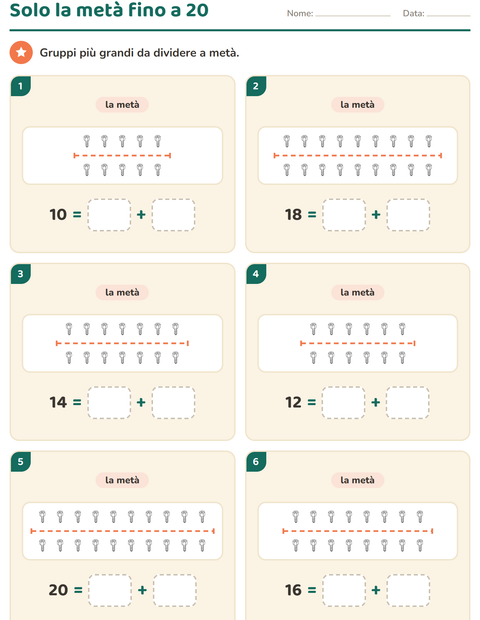 Anteprima della scheda di Doppio e metà con Attrezzi BN per Scuola primaria classe prima