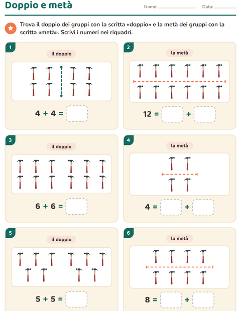 Anteprima della scheda di Doppio e metà con Attrezzi per Scuola primaria classe prima