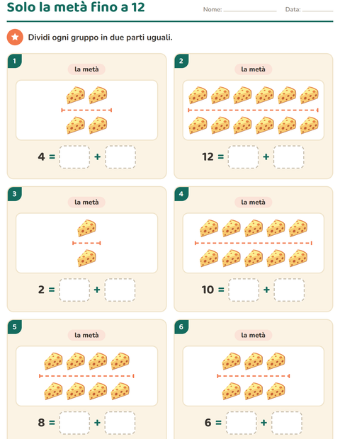 Anteprima della scheda di Doppio e metà con Colazione per Scuola primaria classe prima